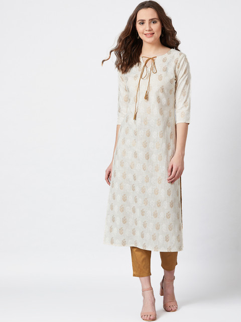 

PANIT Women Off-White & Brown Ethnic Printed Straight Kurta