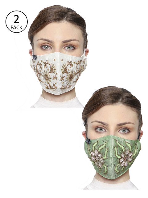 

Anekaant Women Pack of 2 3-Ply Art Silk Embellished Cloth Mask, Green