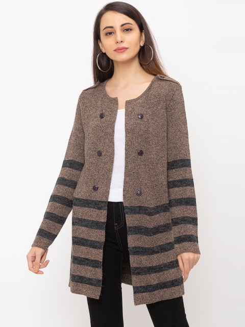 

Globus Women Brown & Grey Striped Front-Open Overcoat
