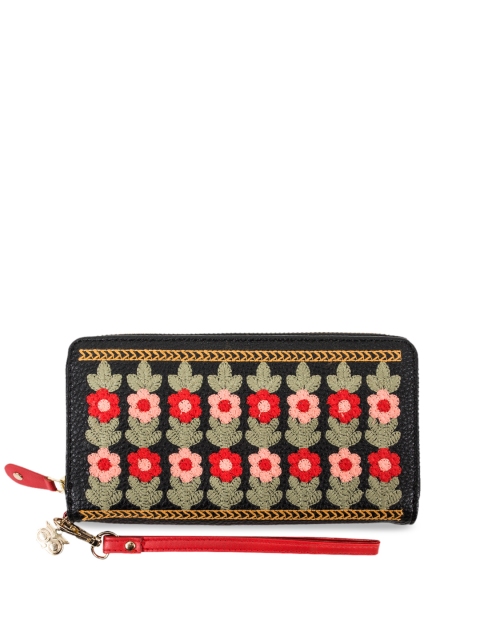 

Chumbak Women Black & Red Floral Embroidered Around Wallet