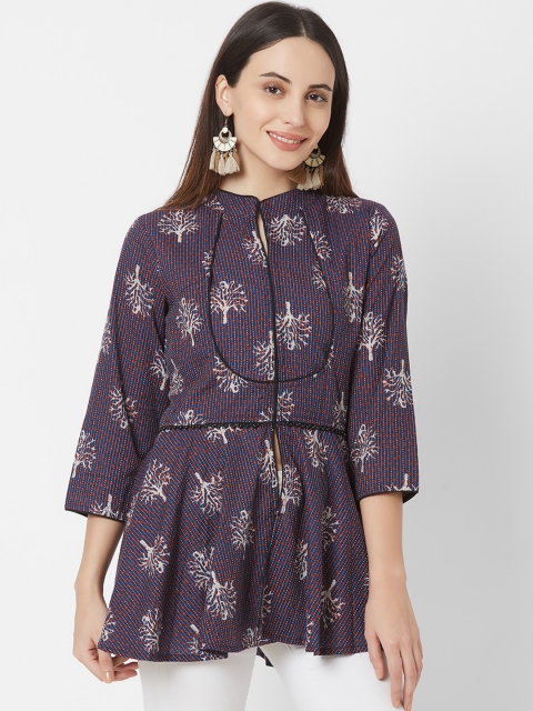 

Vedic Women Navy Blue & Beige Printed Pure Cotton A-line Kurti