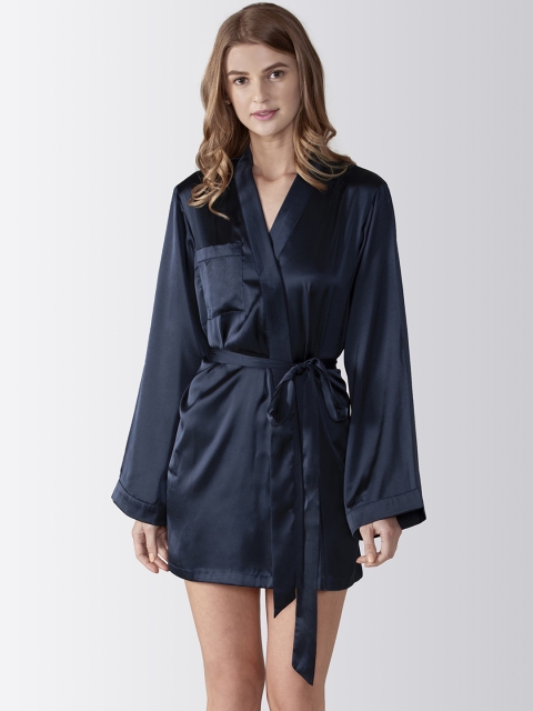 

ADORENITE Women Navy Blue & White Team Bride Embroidered Satin Robe