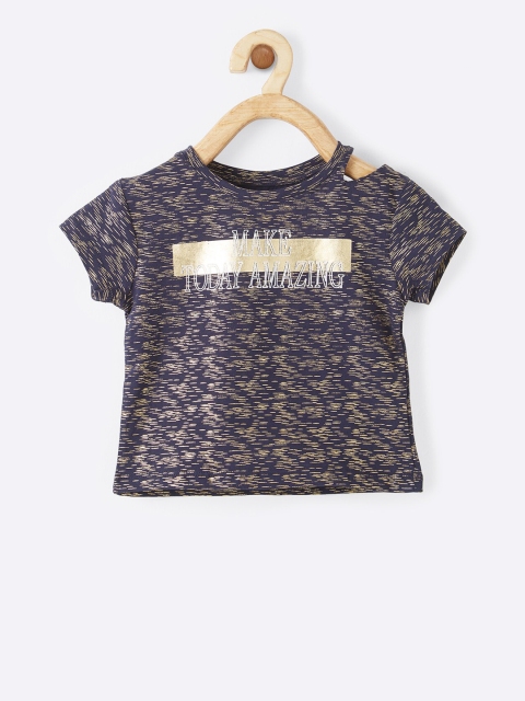 

VITAMINS Girls Navy Blue & Gold-Coloured Printed Top