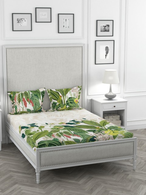 

Portico New York White & Green Floral 144 TC Cotton 1 King Bedsheet with 2 Pillow Covers
