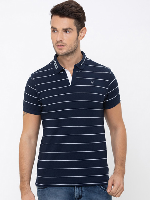 

Globus Men Navy Blue Striped Polo Collar T-shirt