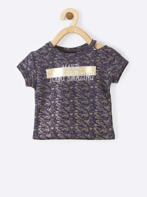 

VITAMINS Girls Navy Blue & Gold Printed Cut Out Top