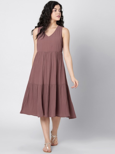 

FabAlley Women Rust Pink Solid Fit and Flare Tiered Lounge Dress