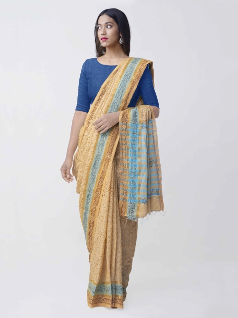 

Unnati Silks Yellow & Blue Pure Cotton Printed Kantha Mangalagiri Saree