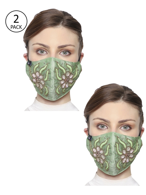 

Anekaant Women 2 Pcs Green Embellished 3 Ply Protective Outdoor Reusable Face Masks
