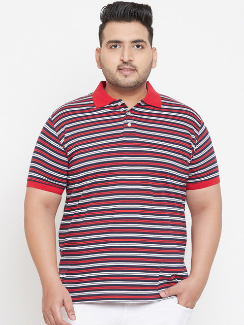 

bigbanana Plus Size Men Red Striped Polo Collar T-shirt