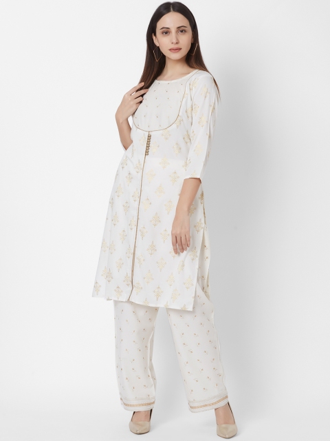 

Vedic Women Off-White & Yellow Printed Straight Kurta