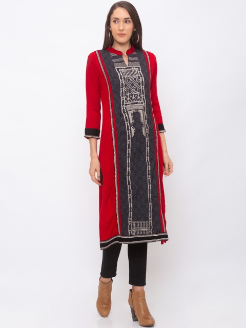 

Globus Women Red & Black Woven Design Straight Kurta