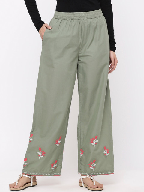 

Juniper Women Olive Green Embroidered Wide Leg Palazzos