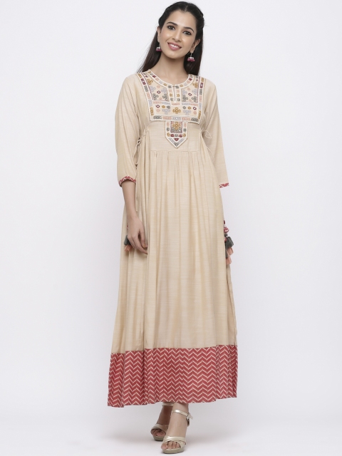 

Juniper Women Beige & Coral Embroidered Maxi Dress