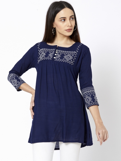 

FASHOR Women Navy Blue & White Embroidered A-Line Kurti