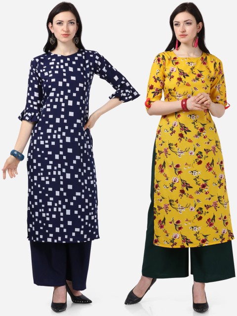 

Silk Bazar Women Navy Blue & Yellow Pack of 2 Printed Straight Kurta