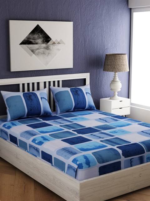 

EverHOME Blue & Grey Geometric 144 TC Cotton 1 King Bedsheet with 2 Pillow Covers