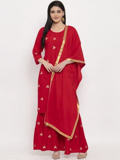 

ANAISA Women Red and Gold-Coloured Embroidered Kurta with Sharara & Dupatta