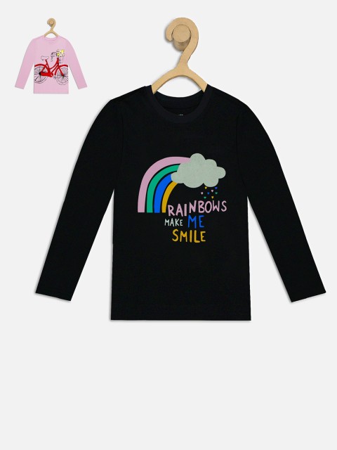 

Miss Chief Girls Pack Of 2 Printed Round Neck Pure Cotton T-shirt, Black