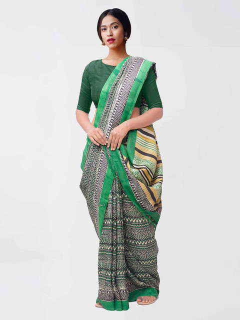

Unnati Silks Women Green & Off-White Dabu and Bagru PrintedPure Handloom Tussar Silk Sustainable Saree