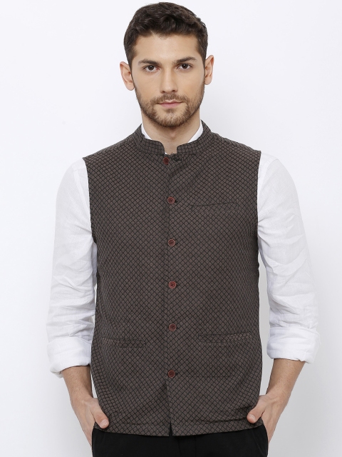 

SALWAR STUDIO Men Black Woven Design Pure Cotton Nehru Jacket, Brown