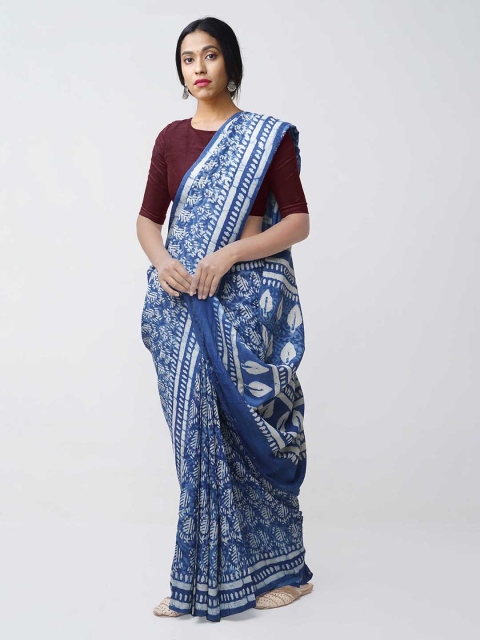 

Unnati Silks Blue & White Pure Silk Printed Tussar Saree