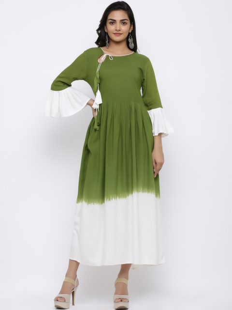 

Indi INSIDE Women Green & White Colourblocked Fit & Flare Dress