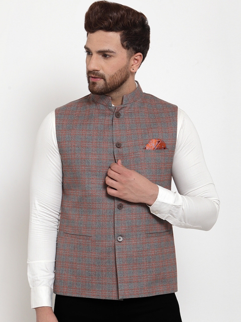 

MAXENCE Men Grey & Rust Orange Checked Nehru Jacket With Pocket Square