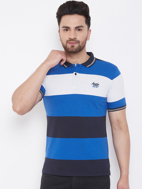 

Austin wood Men Blue & Black Striped Polo Collar T-shirt