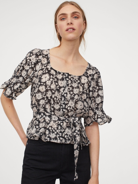 

H&M Women Black Printed Glossy Blouse
