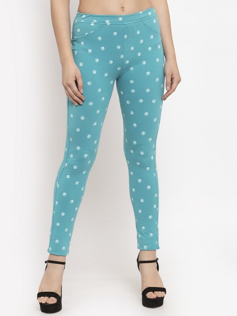

KLOTTHE Women Turquoise Blue & White Polka Dots Printed Skinny-Fit Treggings