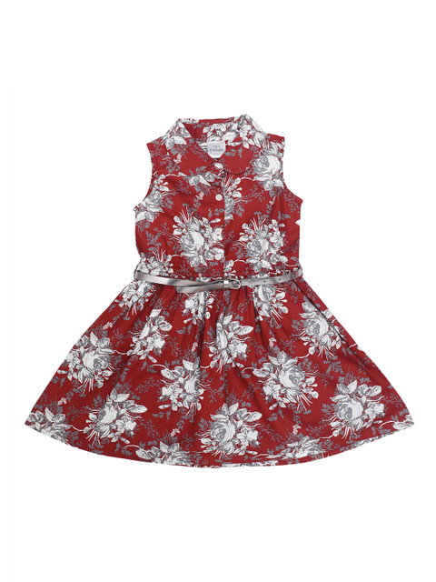 

Doodle Girls Maroon & Grey Floral Printed Fit and Flare Dress