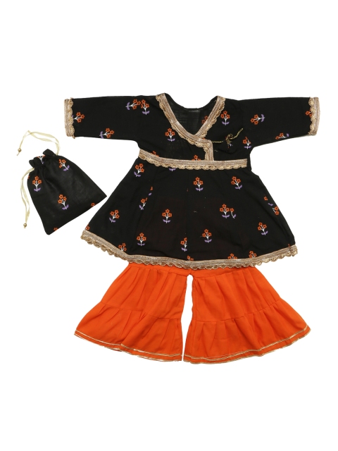 

YK Girls Black & Orange Printed Kurta Sharara Set With Potli Purse