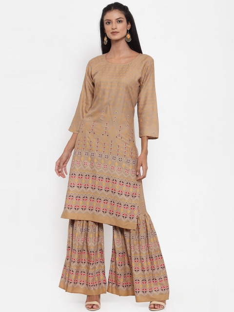 

ANAISA Women Beige & Yellow Printed Kurta with Sharara
