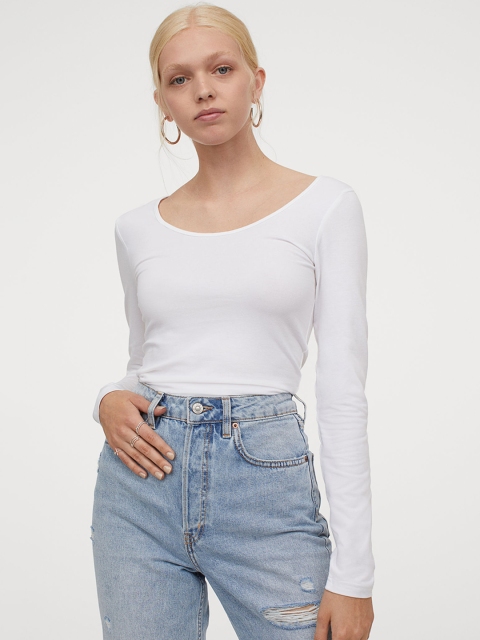 

H&M Women White Solid Cotton Jersey Top