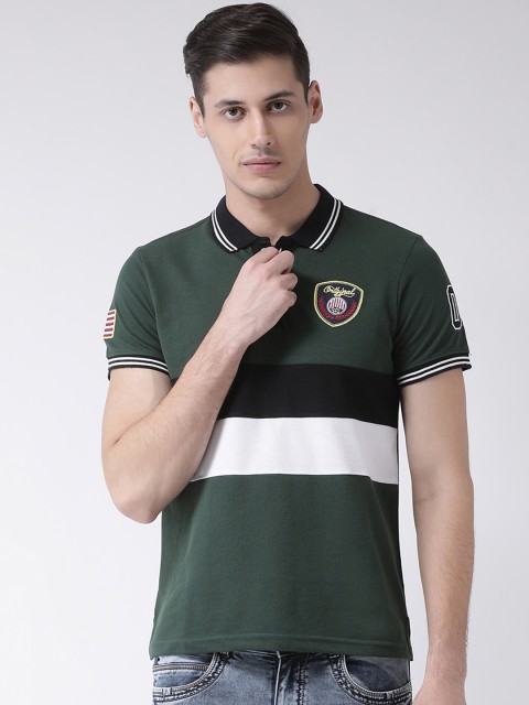 

COBB Men Olive Green & Black Striped Polo Collar T-shirt