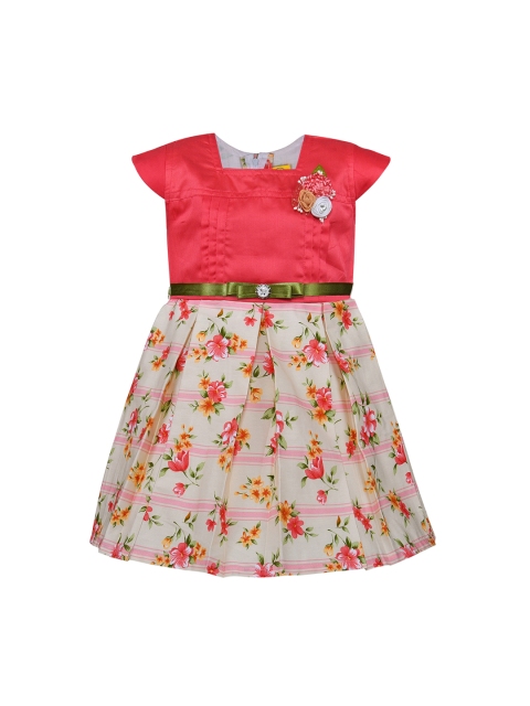 

Wish Karo Girls Red Floral Printed Silk Satin Knitted Fit and Flare Dress