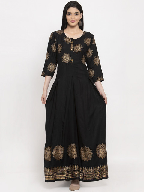 

ANAISA Women Black Foil Print Ethnic Maxi Dress