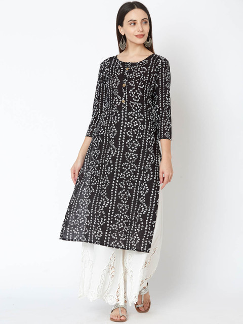 

FASHOR Women Black & White Printed Straight Kurta