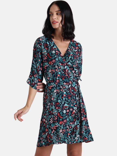 

Chumbak Women Navy Blue & Green Floral Printed Wrap Dress