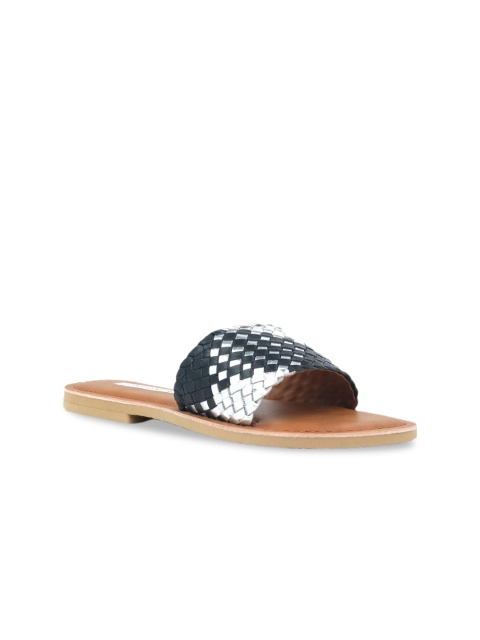 

London Rag Women Black Woven Design Leather Open Toe Flats