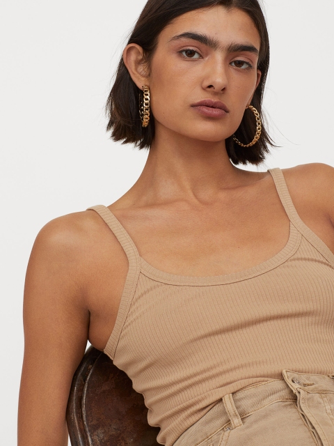 

H&M Women Beige Solid Ribbed Strappy Top