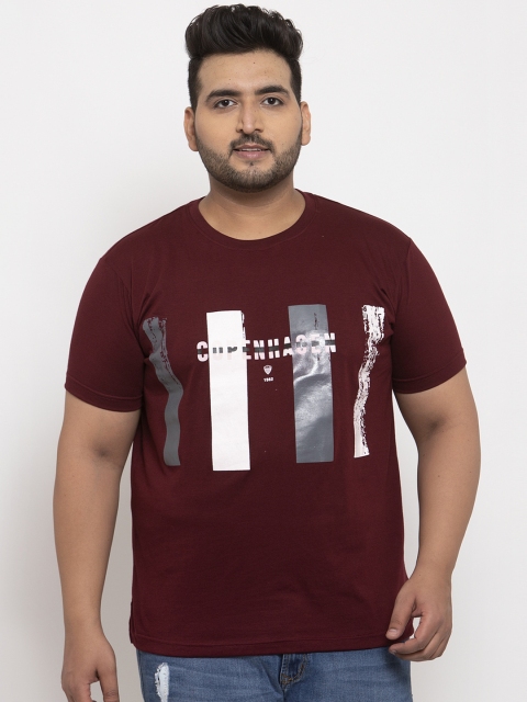 

plusS Men Burgundy Printed Round Neck T-shirt