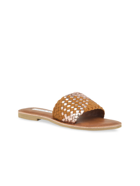 

London Rag Women Mustard Brown Woven Design Leather Open Toe Flats