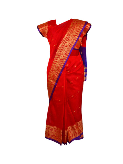 

Wish Karo Red & Blue Art Silk Woven Design Ready to Wear Kanjeevaram Saree