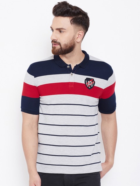 

Austin wood Men Grey Striped Polo Collar T-shirt
