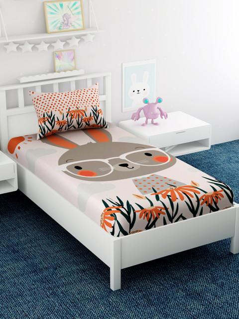 

EverHOME Orange & Taupe Cartoon Characters 210 TC Cotton 1 Single Bedsheet with 1 Pillow Covers