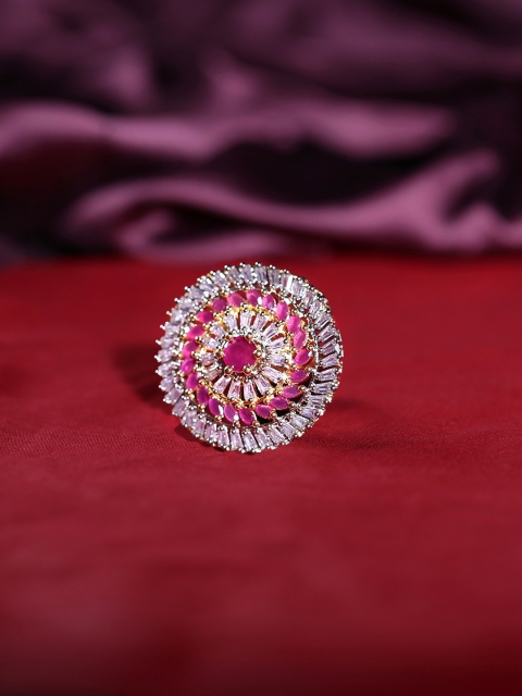 

Yellow Chimes Gold-Plated Pink AD Stone Studded Floral Handcrafted Adjustable Finger Ring