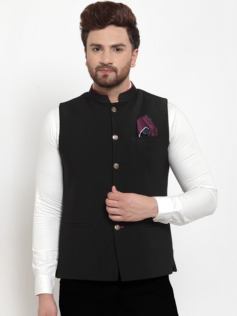 

MAXENCE Men Black Woven Design Nehru Jacket