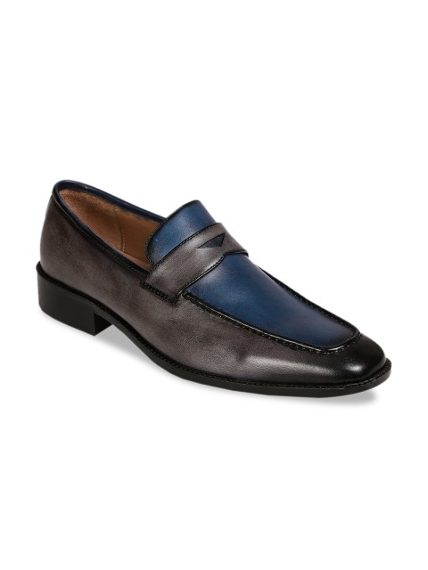 

MOURETTI Men Grey & Navy Blue Colourblocked Leather Formal Slip Ons